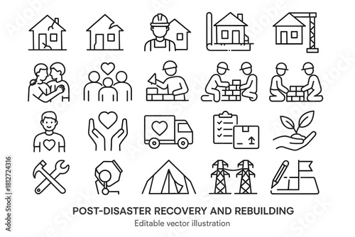 Post-Disaster Recovery and Rebuilding Line Icons Set