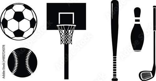 Sports equipment vector set with soccer ball baseball basketball hoop baseball bat bowling pin and golf club silhouette icons