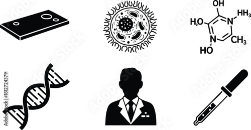 Science research icons set dna virus molecule scientist laboratory equipment vector illustration