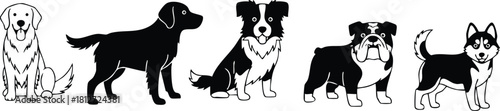 Five different dog breeds sitting and standing simple black and white vector illustration