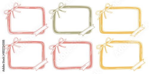 Six colorful frames with bows and ribbons arranged on a white background in a decorative pattern