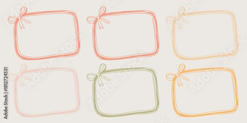 Six pastel colored doodle frames with bows in a grid pattern on a light background for decoration