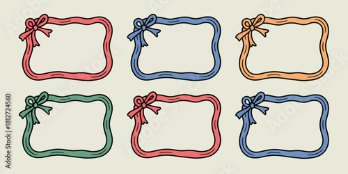 Six colorful cartoon frames with ribbons in red blue orange and green on a beige background