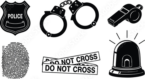 Police badge handcuffs whistle fingerprint do not cross tape siren emergency law enforcement vector illustration