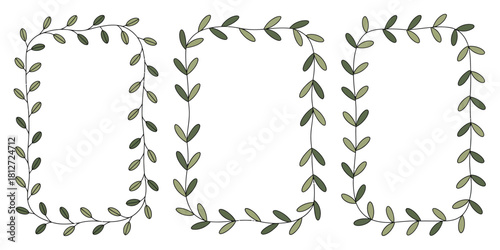 Three rectangular frames made of green leaves and vines on a white background isolated vector design