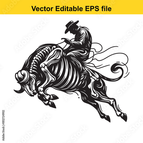 Cowboy riding a bucking bull skeleton vector art