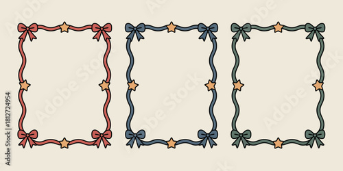 Three frames with ribbons and stars in different colors on a light background are displayed