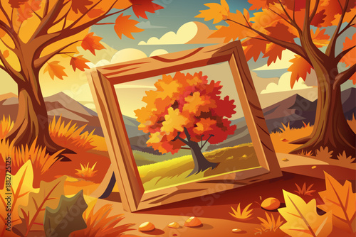 A wooden photo frame standing among the fallen autumn orange leaves, reflecting the vibrant maple tree in the glass, creating a seasonal artistic composition with warm colors, the beauty of natural sc