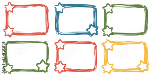 Six doodle frames with rounded corners and stars in red blue green and yellow on a white background