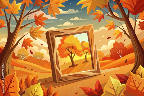 A wooden photo frame standing among the fallen autumn orange leaves, reflecting the vibrant maple tree in the glass, creating a seasonal artistic composition with warm colors, the beauty of natural sc