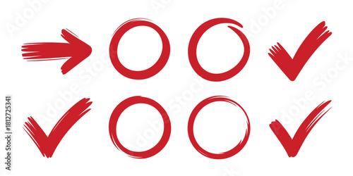 A set of red hand drawn elements including arrow circles and check marks on a white background surface