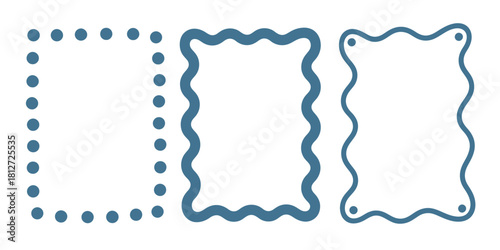 Three frames with different borders of dots and wavy lines in blue on a white background design