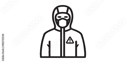 Costume of biological defense line icon, workwear concept. Vector graphics. Work suit with mask and hood, safety sign on white background, style icon mobile or web design.