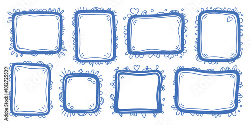 Collection of eight hand drawn doodle frames with blue borders and decorative elements on white background