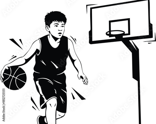 Basketball player dribbling ball near basketball hoop black and white vector illustration