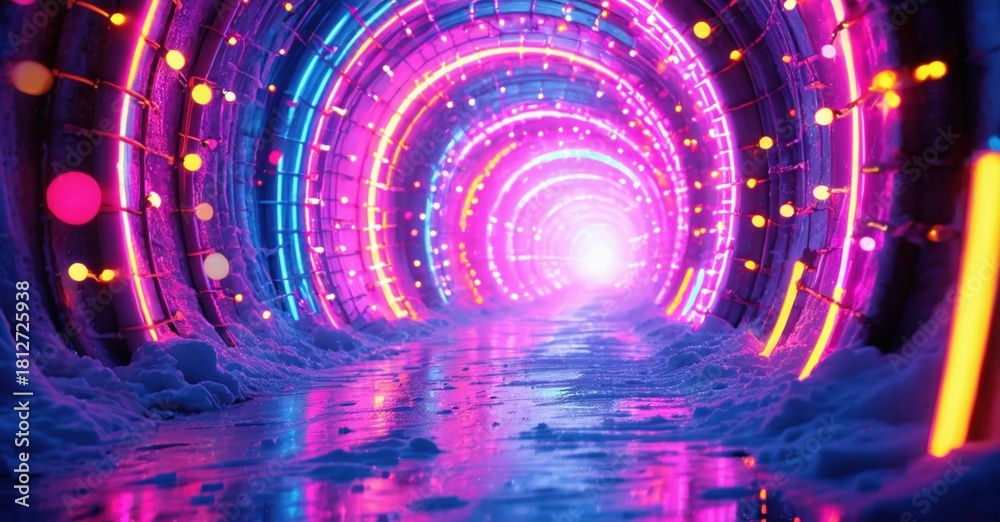 Fototapeta premium Bright tunnel glows with vibrant neon lights. Circular patterns create depth, leading toward distant illumination. Futuristic, immersive scene.