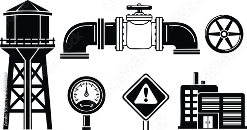 Industrial water tower pipe valve gauge warning sign factory building vector illustration