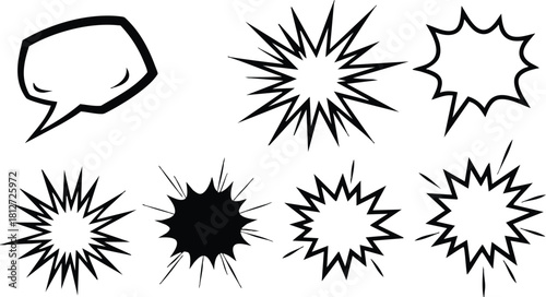 Comic style speech bubble and various burst explosion shapes vector illustration simple design