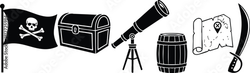 Pirate flag treasure chest telescope barrel map cutlass pirate theme icons vector illustration