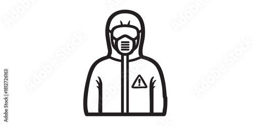 Costume of biological defense line icon, workwear concept. Vector graphics. Work suit with mask and hood, safety sign on white background, style icon mobile or web design.