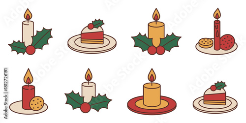 A christmas themed illustration featuring candles and desserts on plates with holly decorations
