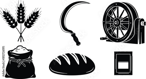 Bread and wheat harvesting icons with sack sickle and grinding wheel vector illustration