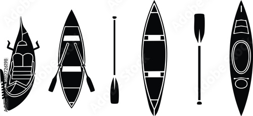 Black silhouette canoe kayak paddles set vector illustration simple design
