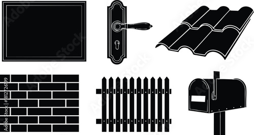 Building materials icons set black brick fence roof tile door handle mailbox vector illustration