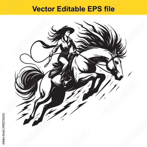 Cowgirl riding horse with flowing mane and tail