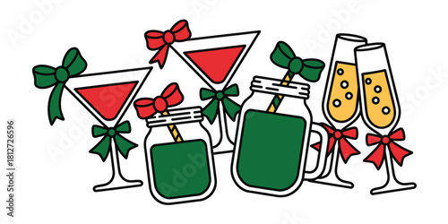Festive drinks with bows in martini glasses and mason jars for christmas celebration illustration