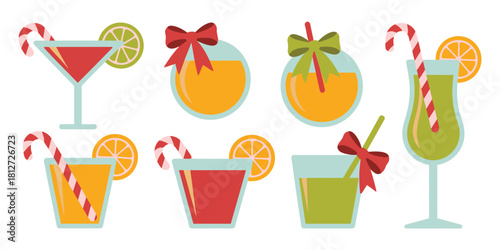 A festive array of colorful holiday drinks with candy canes and citrus fruit garnishes displayed neatly