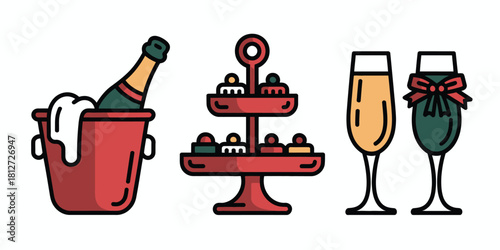 Illustration of champagne bottle in ice bucket with sweets and champagne glasses on white background