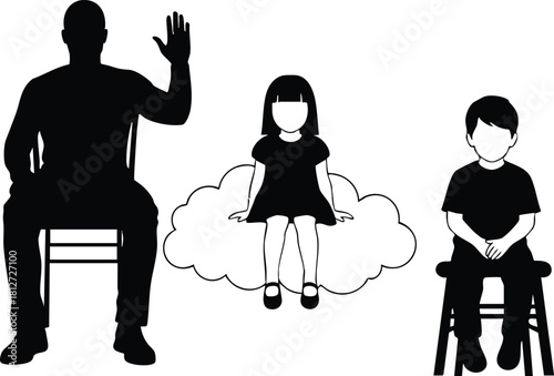 Silhouette of man and children sitting on chairs with cloud form background vector illustration