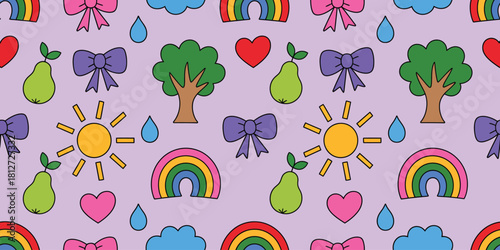 Whimsical pattern featuring suns rainbows hearts pears trees clouds and bows on a light purple background