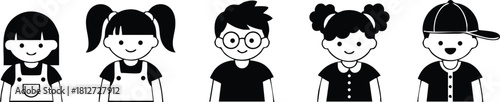 Children diverse happy kids smiling vector illustration black and white simple design