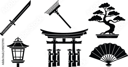 Japanese culture icons vector set katana rake bonsai lantern torii fan illustration black silhouette