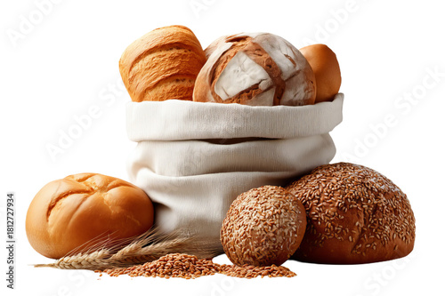 Obraz  z motywem Chleb i bułki w torbie na białym tle