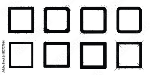 Eight black square shapes with varying corner styles arranged in a two by four grid formation