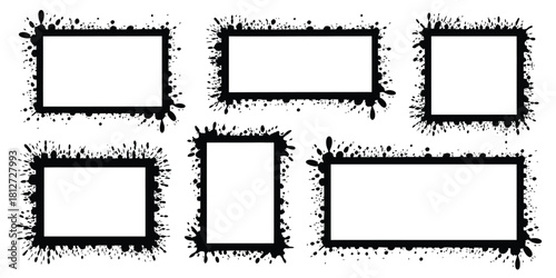 Collection of six black rectangular frames with ink splatter effect isolated on a white background