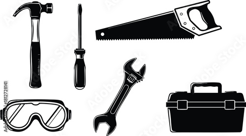 Construction tools hammer screwdriver saw wrench safety goggles and toolbox vector illustration