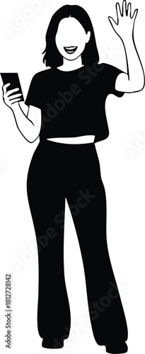Woman standing holding smartphone waving hand black and white vector illustration