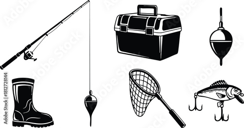 Fishing equipment set with rod reel boots tackle box net and lures vector illustration