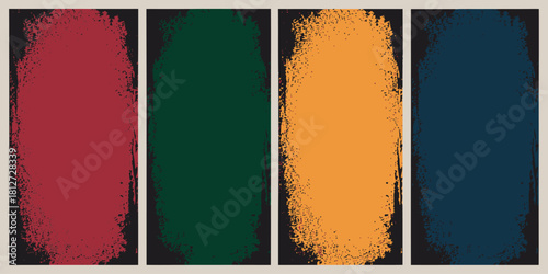 Four panels with textured color blocks in red green orange and blue against a dark background