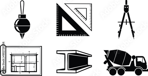 Construction engineering tools blueprint plan equipment vector icons set for building design and architecture illustration