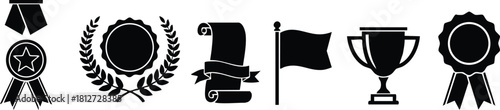 Award ribbons laurel wreath trophy flag certificate icons vector illustration black and white design