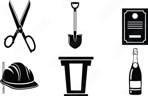 Construction tools and equipment with helmet shovel scissors clipboard bottle vector illustration