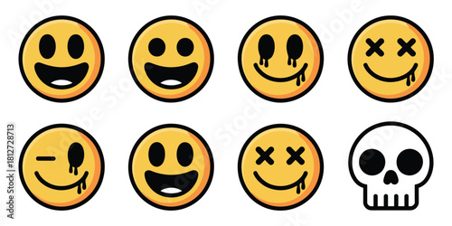 A collection of yellow emoji faces with varying expressions and a white skull on a white background