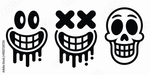 Three cartoonish skull designs with different eye styles and dripping effects in black and white color