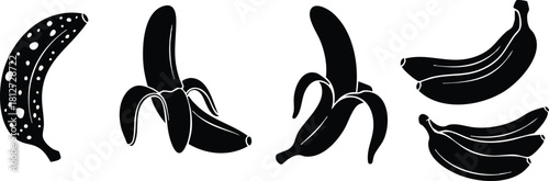 Banana peel and bunch vector illustration set of peeled and whole bananas in black silhouette style