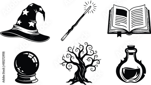 Magical witch hat wand open book crystal ball twisted tree potion bottle vector illustration